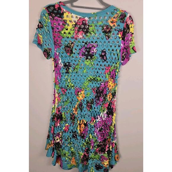 Neon Abstract Floral Cutout Swim Coverup Mini Dress MED Indie Sleeze Sexy Beach - Picture 5 of 7